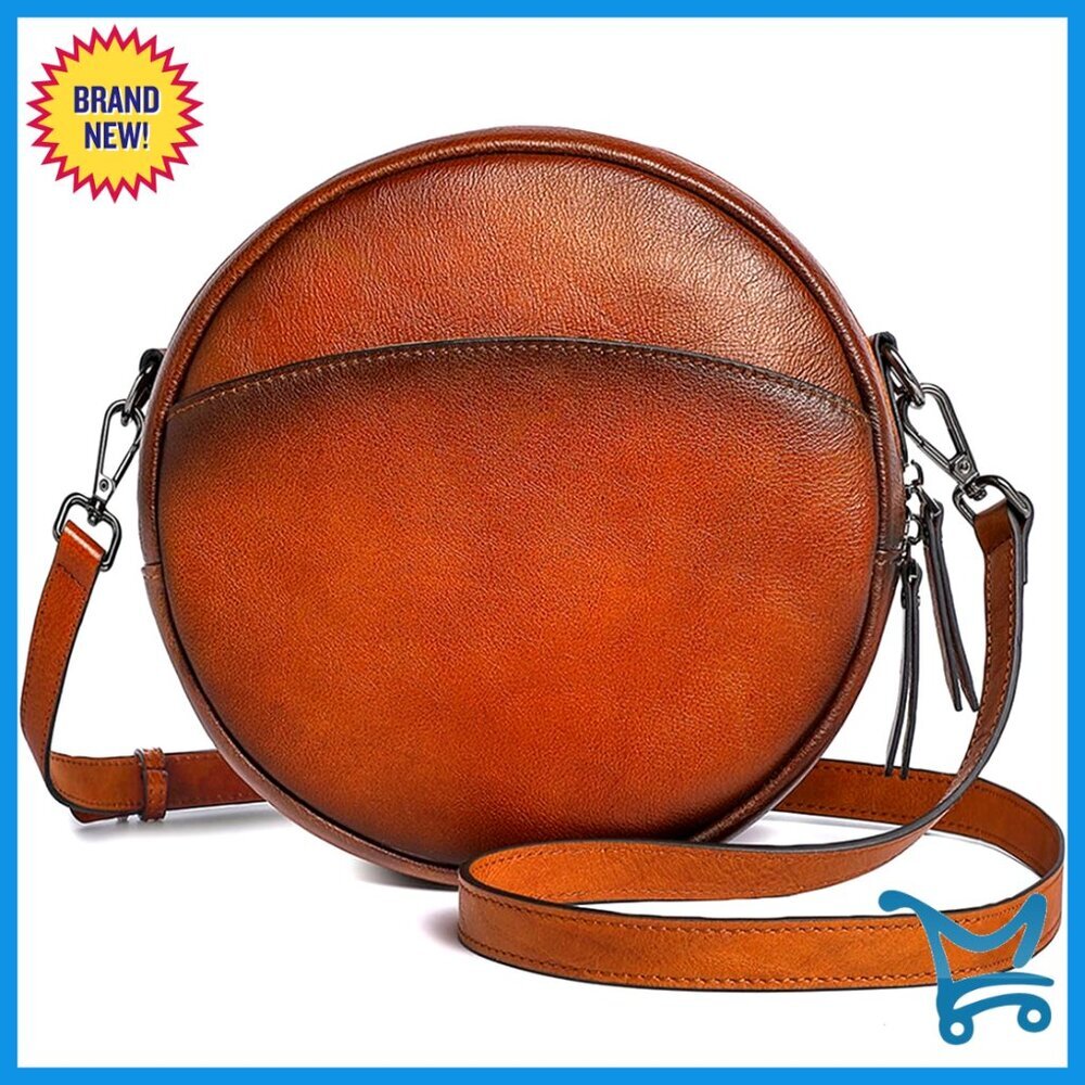 Genuine Leather Round Crossbody Bag with 2 Straps, Compact Travel Purse
